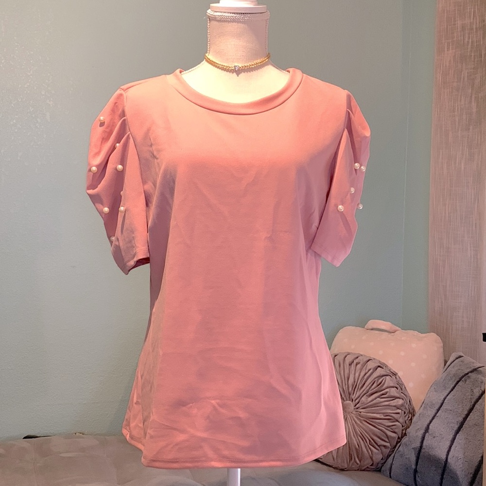Pink Fashion Magazine poof shoulder blouse, embellished with faux pearls
